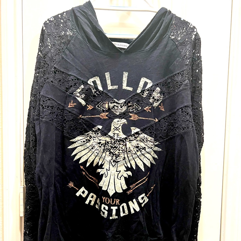Black long sleeve top with hood and lace sleeves